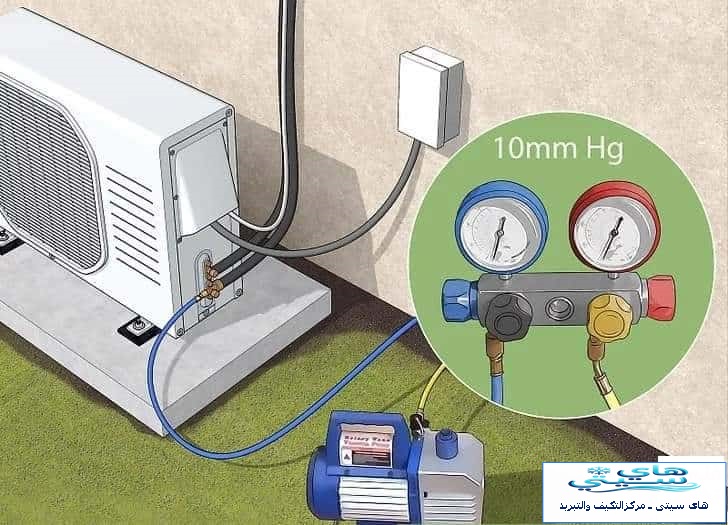 تصوير فني تكييف هندي بالكويت يوضح عملية ضبط الضغط في نظام التكييف باستخدام أدوات قياس الضغط وطرق الصيانة الحديثة.